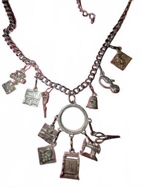 Vintage Silver Charm Necklace with Sewing Themed Charms